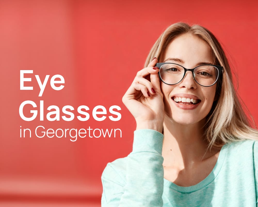 Woman wearing stylish eye glasses in Georgetown smiling against a red background