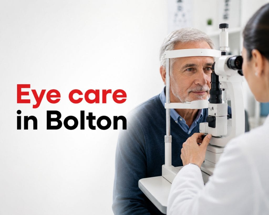 An older man receiving an eye exam from an optometrist at Family Optical, with text overlay "Eye care in Bolton" along with a phone number and website.