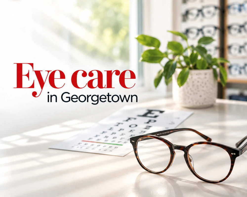 Pair of tortoiseshell glasses sitting on a desk next to an eye exam chart at an optometry clinic offering eye care in Georgetown
